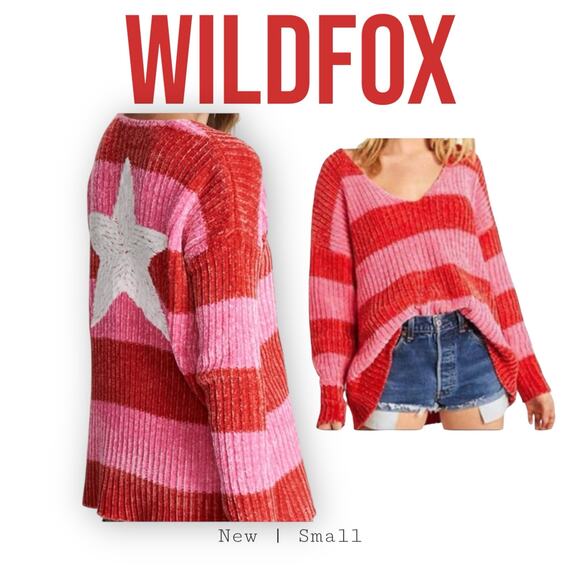 Wildfox Chenille Star Embroidered Oversized Knit Sweater Red Stripe Small NWT - Picture 2 of 16